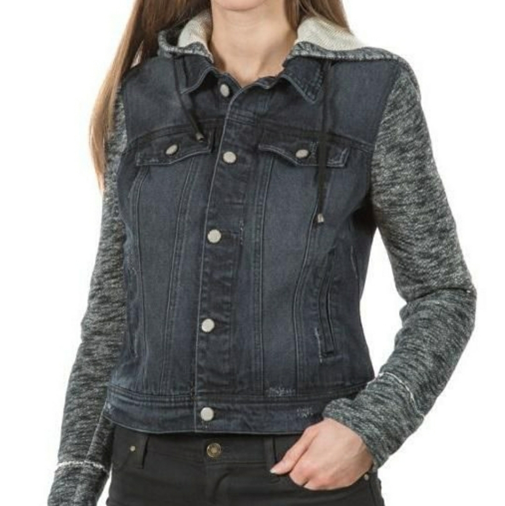Free People black denim jacket with knit sleeves